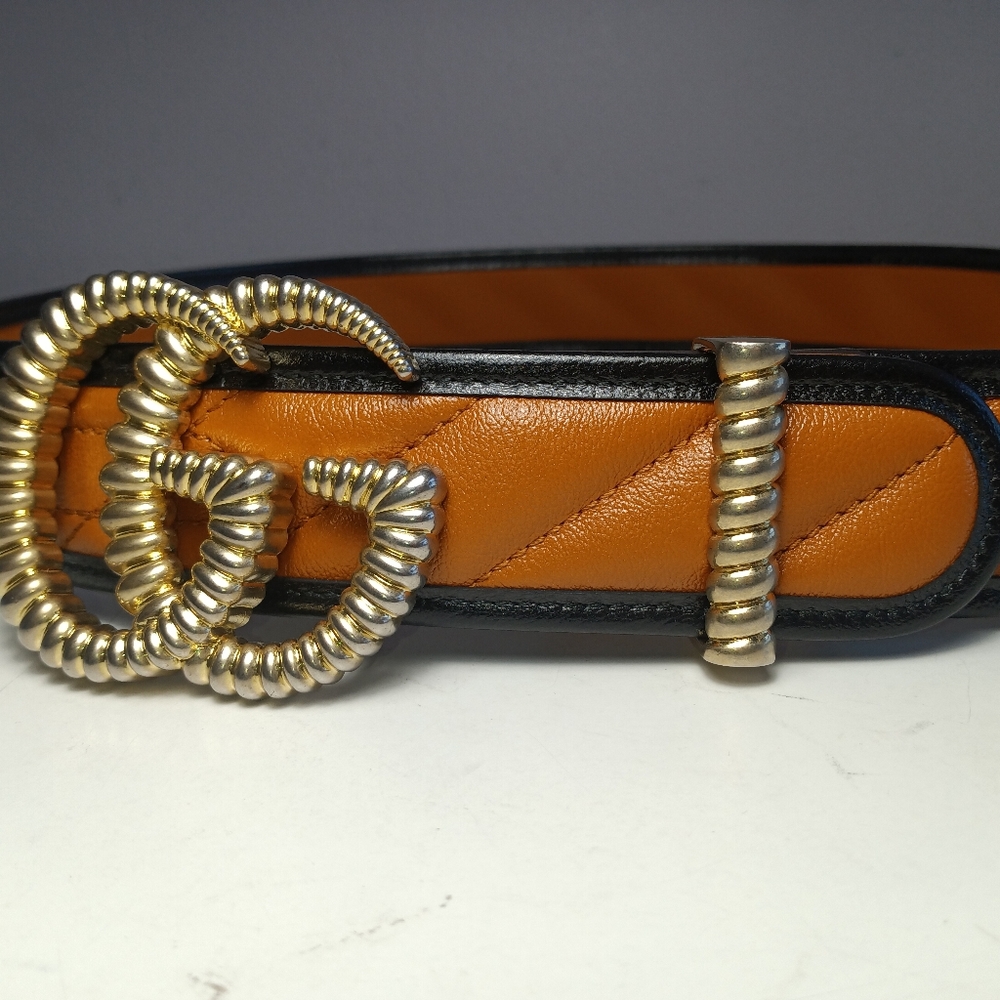 NEW GUCCI GG WIDE BELT GOLD-TONE TORCHON BUCKLE COGNAC/BLACK LEATHER SZ 36/90 - Picture 3 of 16